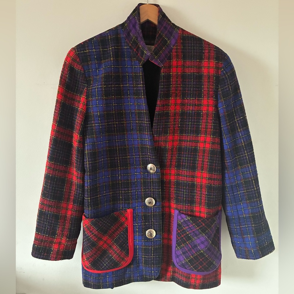 SIMON CHANG Vintage 80s Wool Blend Tartan Plaid Blazer Size 6